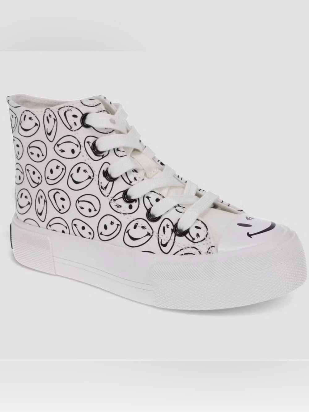 White Smiley-Print Canvas High-Top Sneakers by Joe Boxer  Size 2 NWT